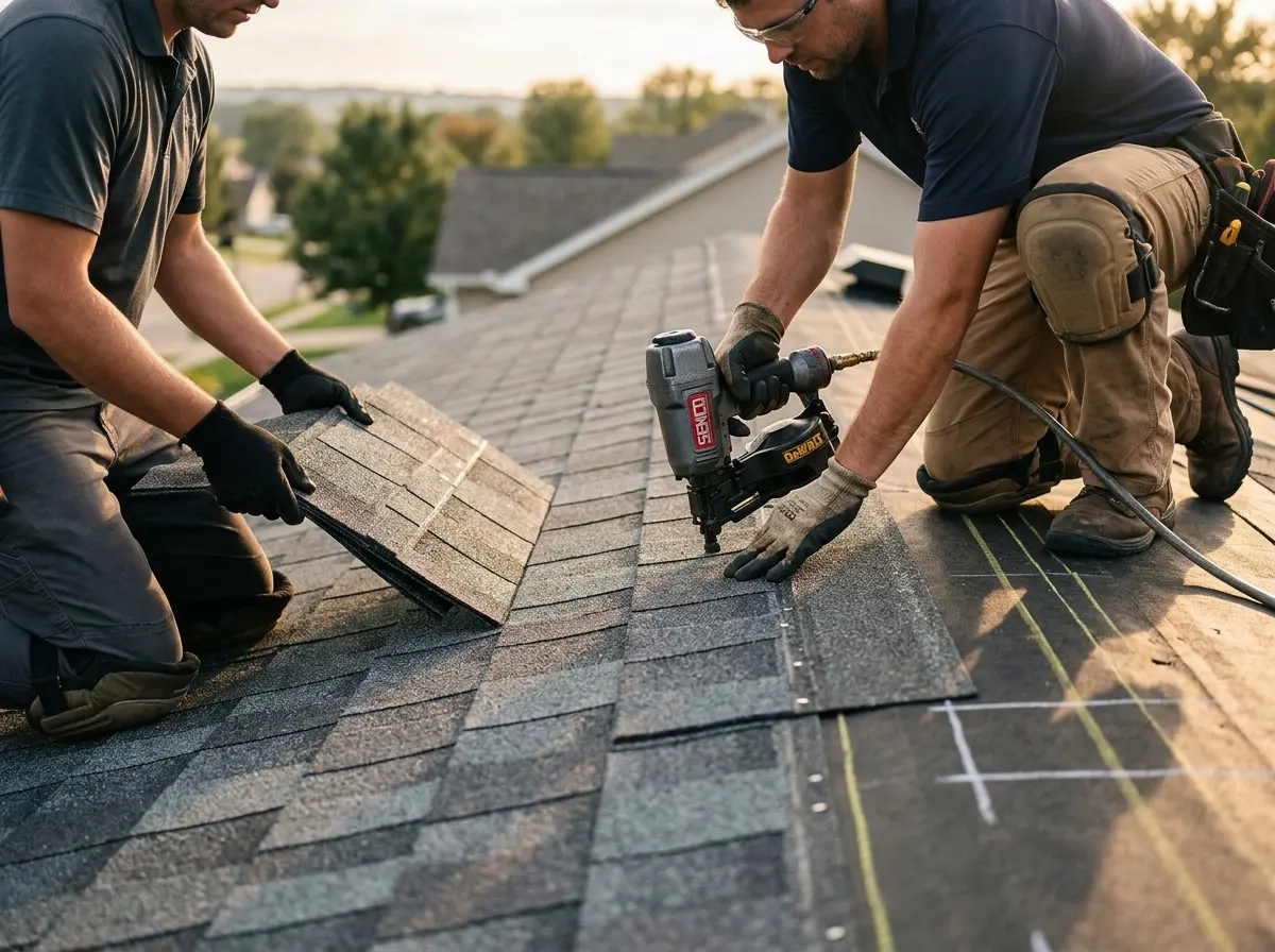 Professional roofer working on a residential roof in Scottsburg